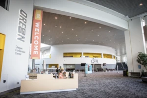 Spacious lobby at the Oregon Convention Center.