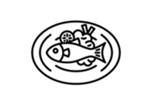 Graphic illustration of a plate of food featuring fish and vegetables.