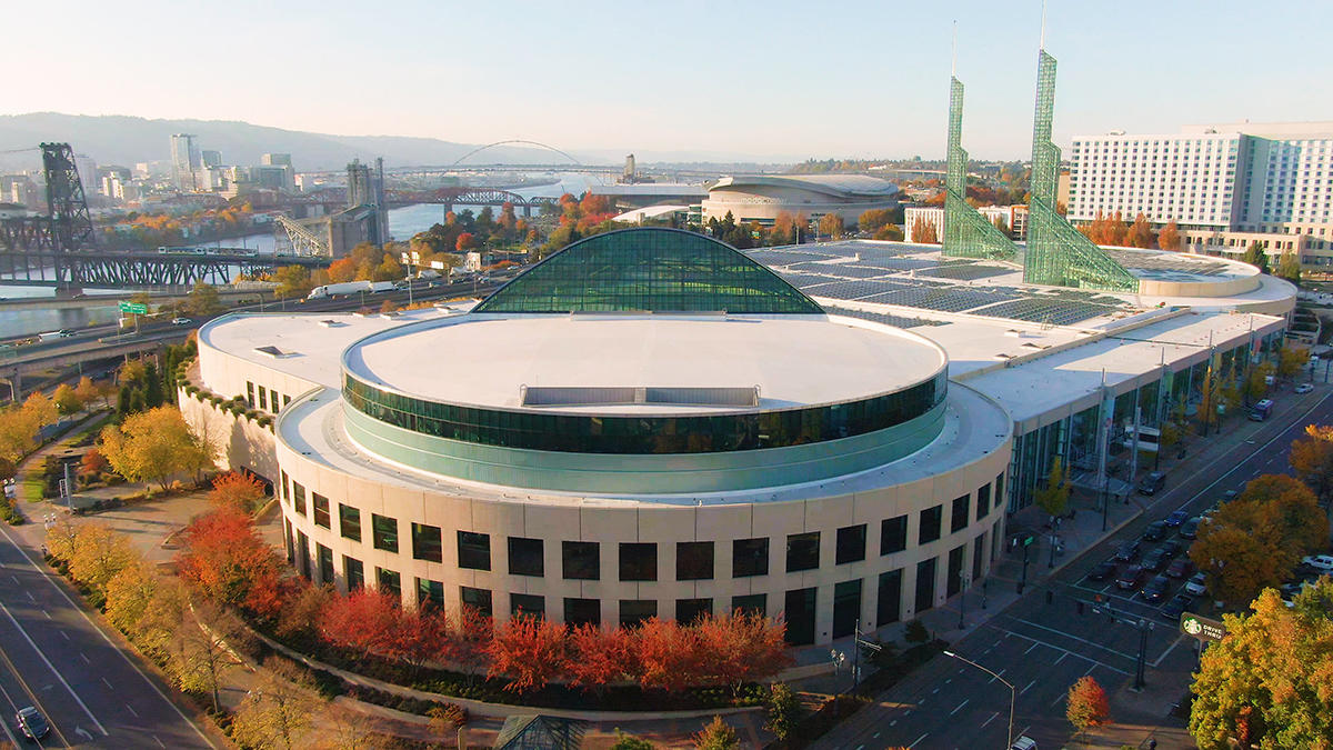 Exterior photo of the Oregon Convention Center in the fall of 2020.