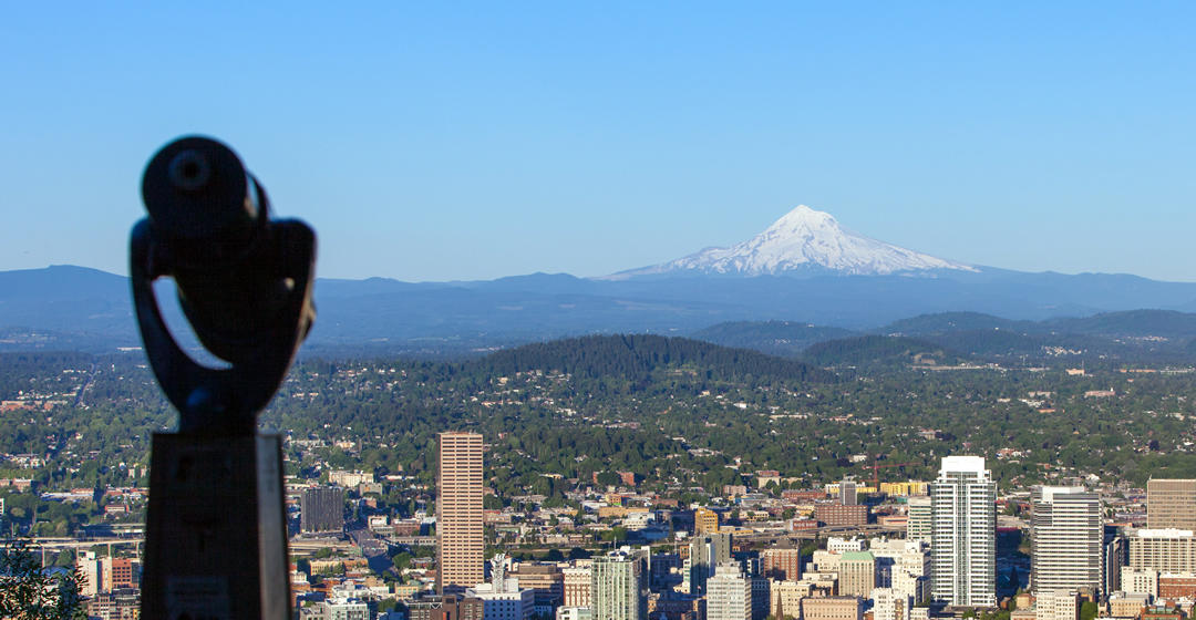photo of downtown Portland with a view of Mount Hood
