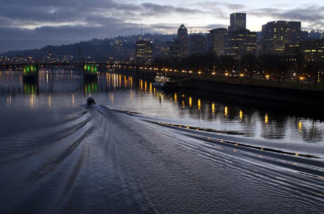 photo of Portland and Willamette River at dusk