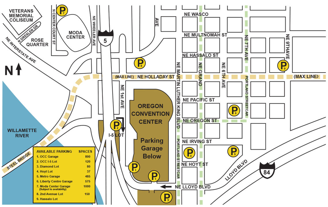 a map of parking locations in and around the oregon convention center