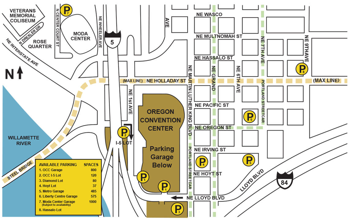 a map of parking locations in and around the oregon convention center