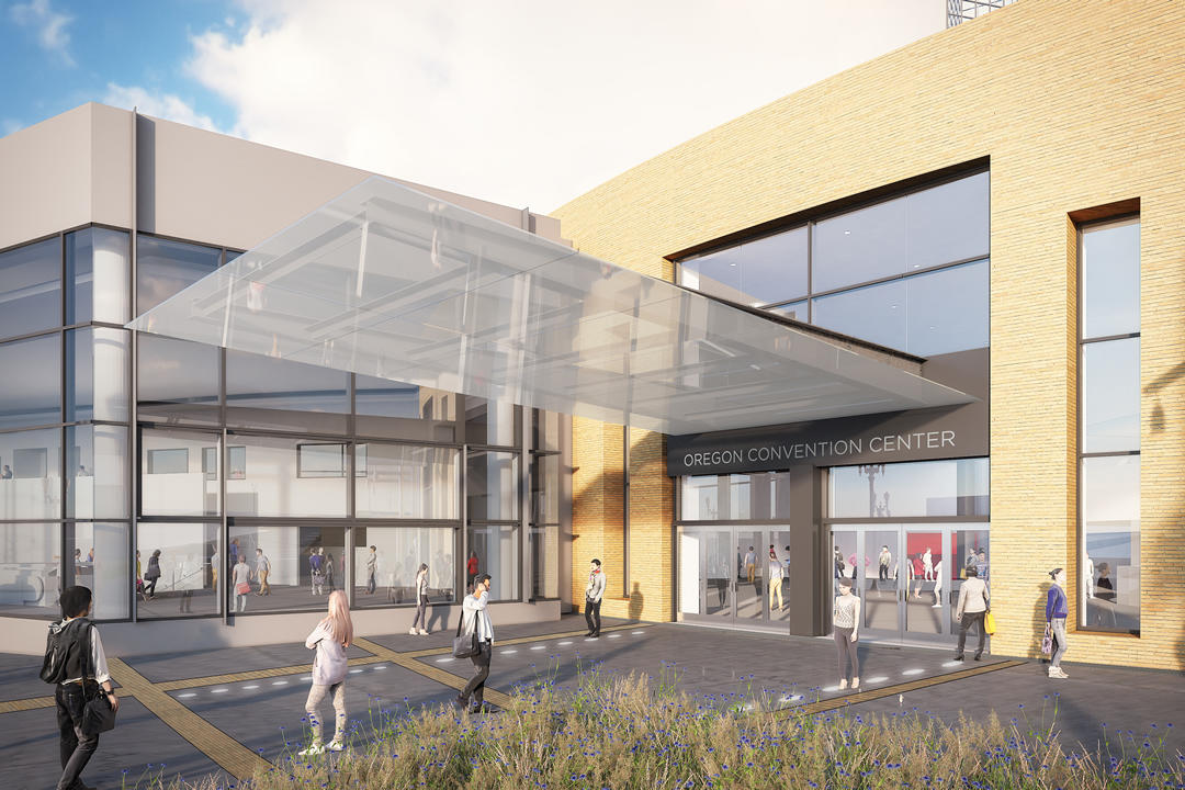 Rendering of the Oregon Convention Center’s main entry on MLK Boulevard