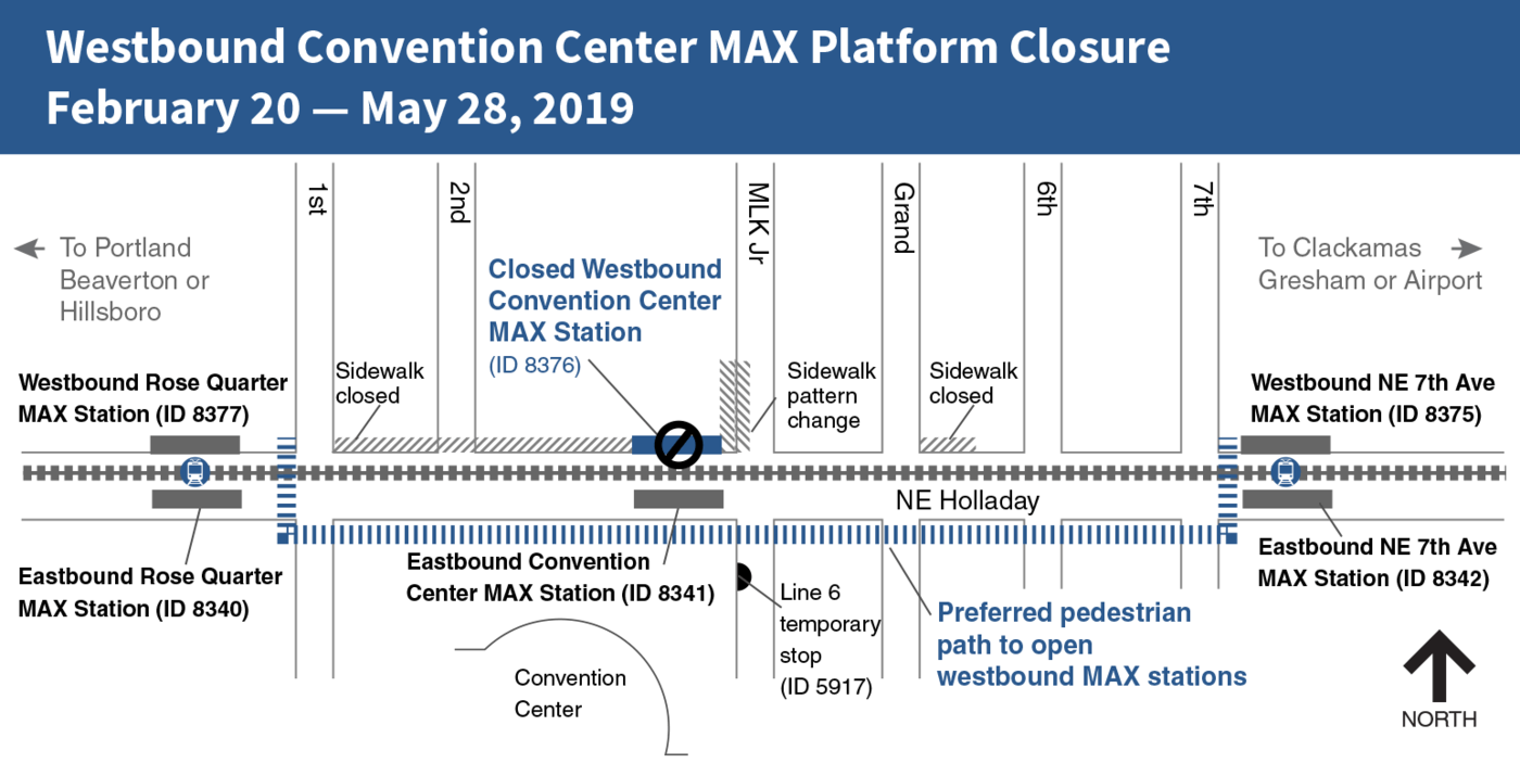 Map of TriMet MAX westbound train closure at the Convention Center station