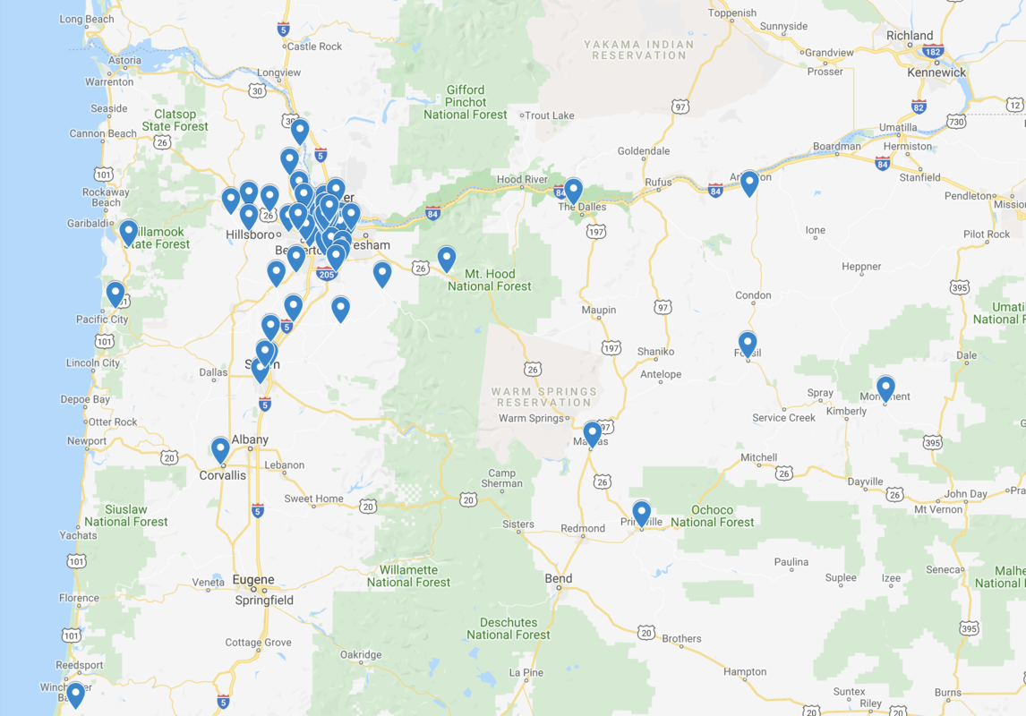 Map of Oregon showing the locations of all of the non-profit organizations where OCC's chairs were donated.