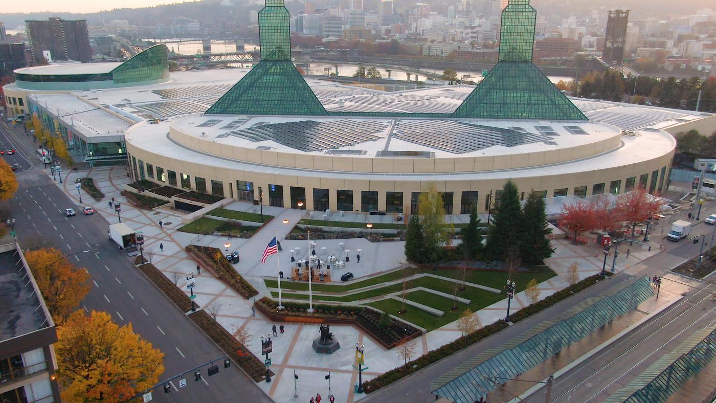 Oregon Convention Center Exterior Renovation Outdoor Plaza Drone Photo