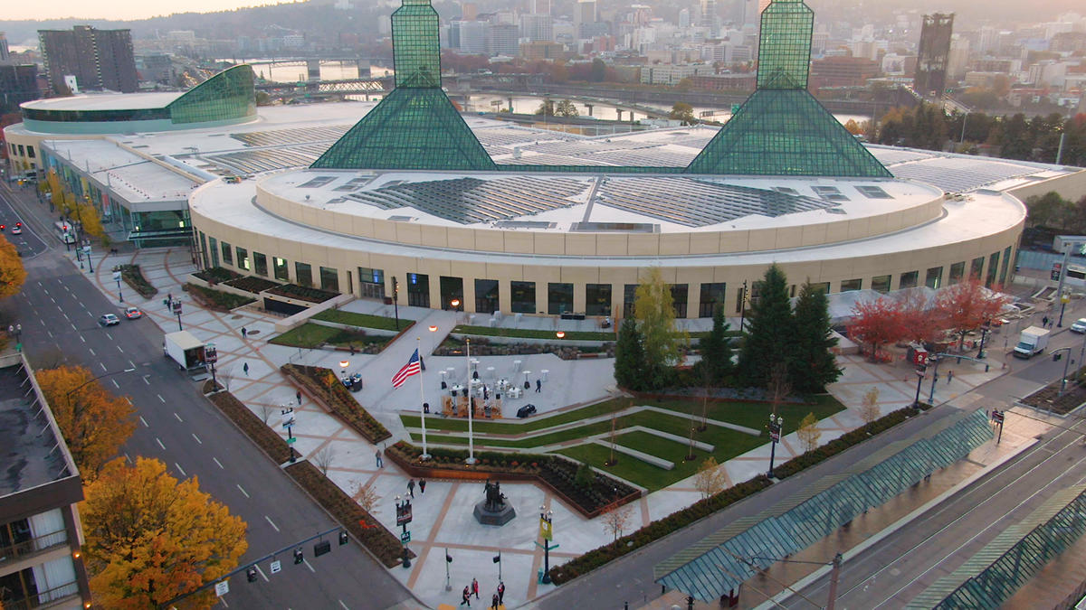 Oregon Convention Center Exterior Renovation Outdoor Plaza Drone Photo