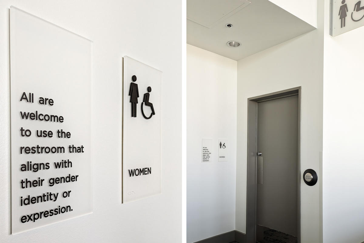 Photo of gender inclusive signage near restrooms at the Oregon Convention Center