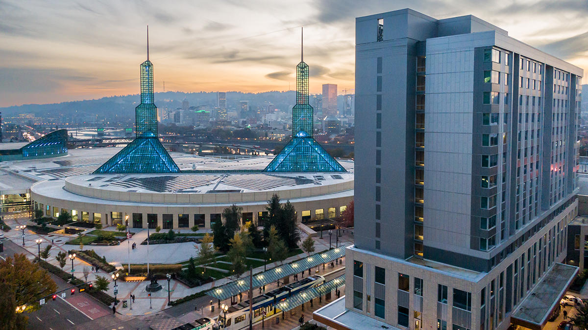 Photo of the Oregon Convention Center and the Hyatt Hotel in the Lloyd.