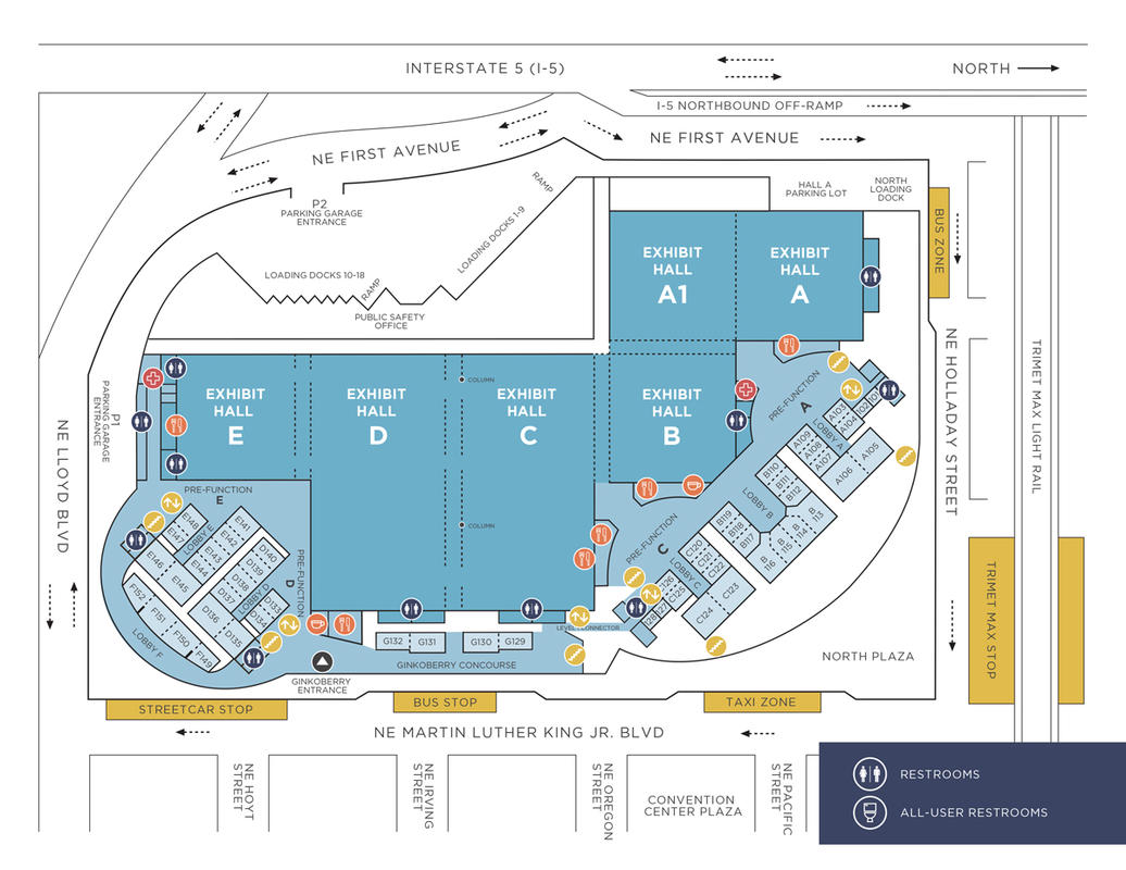 Map of the Oregon Convention Center including the location of the loading docks and ramps.