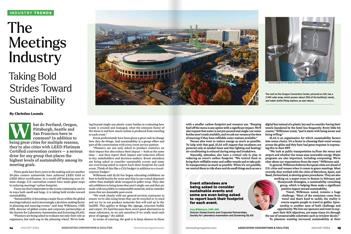 Page 14 and 15 from The Meetings Industry Magazine Article, "The Meetings Industry, Taking Bold Strides Toward Sustainability"