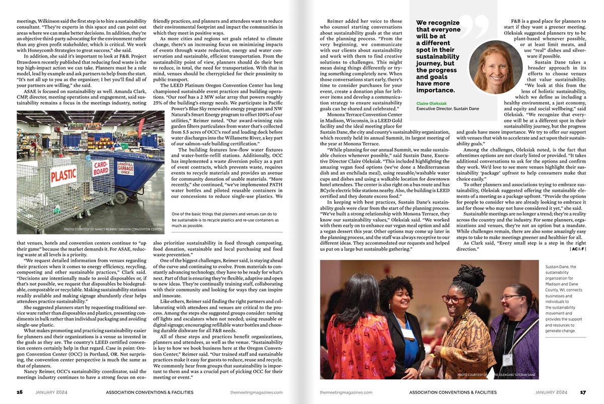 Page 16 and 17 from The Meetings Industry Magazine Article, "The Meetings Industry, Taking Bold Strides Toward Sustainability"