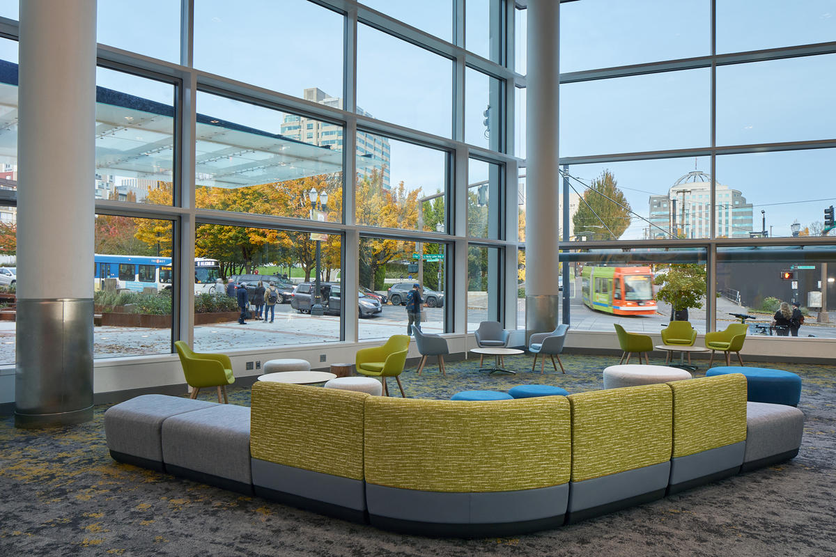 MLK Lobby looking through the windows towards MLK Boulevard at the Oregon Convention Center