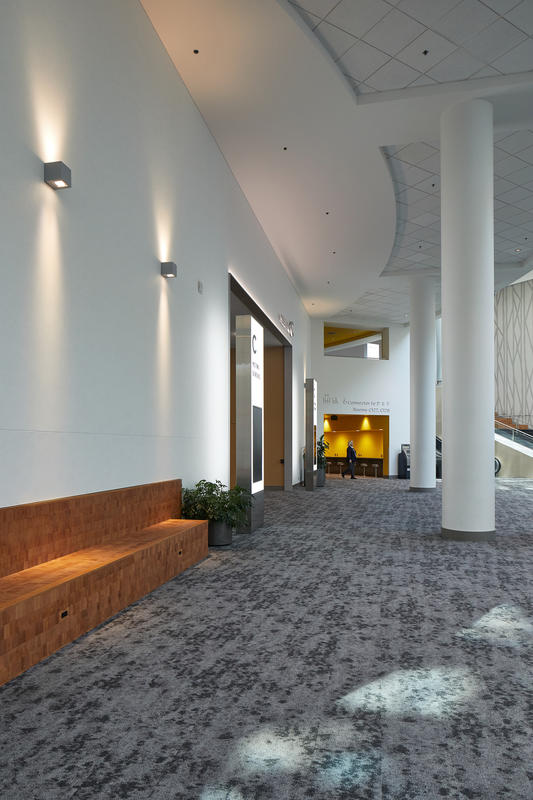 Lobby signage and benches at the Oregon Convention Center