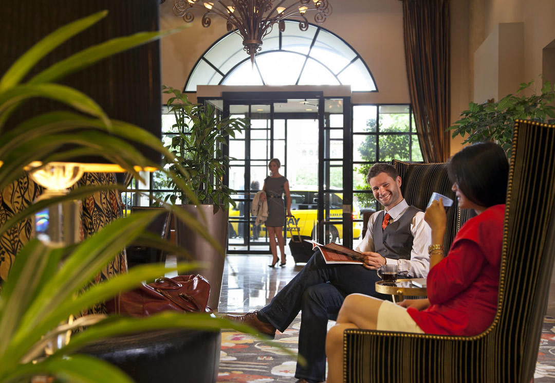 photo of people in the lobby of a Portland hotel