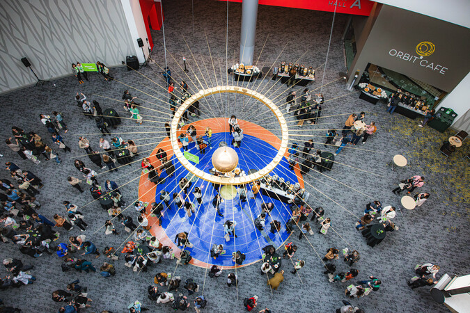 Aerial view of a busy lobby.