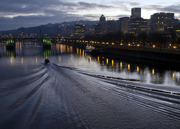 photo of Portland and Willamette River at dusk