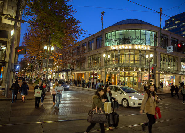 photo of Portland shops at night