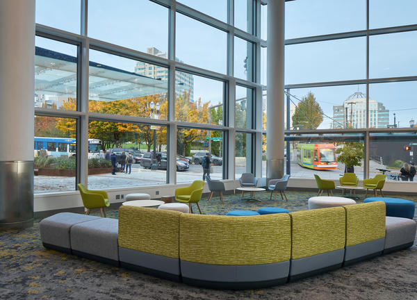 MLK Lobby looking through the windows towards MLK Boulevard at the Oregon Convention Center