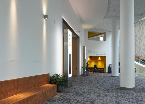 Lobby signage and benches at the Oregon Convention Center