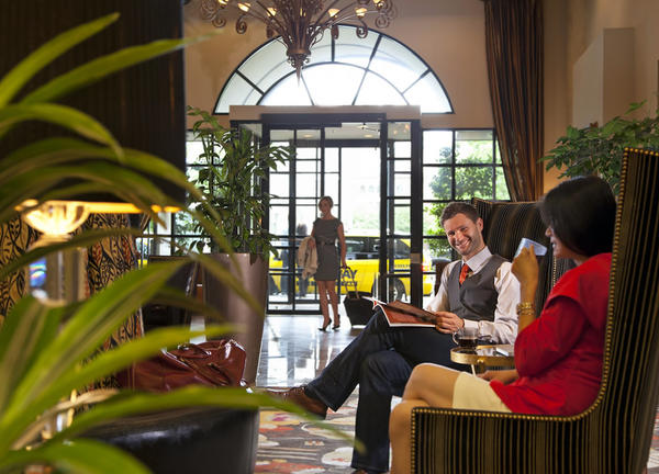 photo of people in the lobby of a Portland hotel